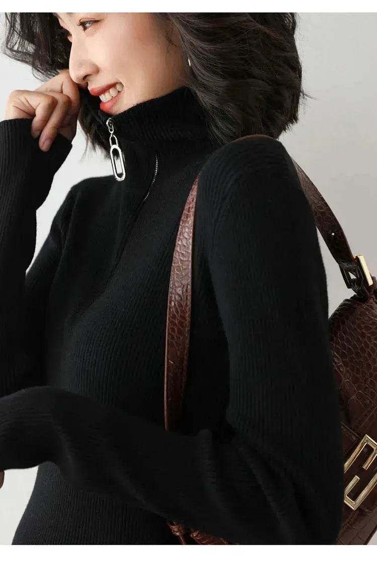 Women Autumn Winter Slim Fit High neck Half zip Knitted sweater Top - www.Shopthatapp.com