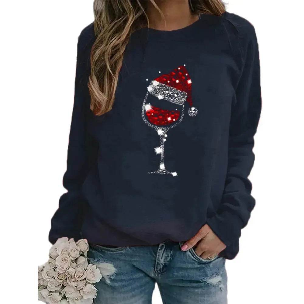 Clothing Christmas Women's Sweater Christmas Hat Red Wine Glass Graphic Print Crew Neck Long-sleeved Sweater - www.Shopthatapp.com