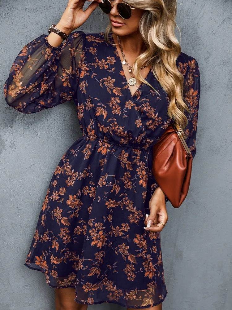 Casual V-neck Summer Spring Long Sleeve Floral mini Chiffon Dress