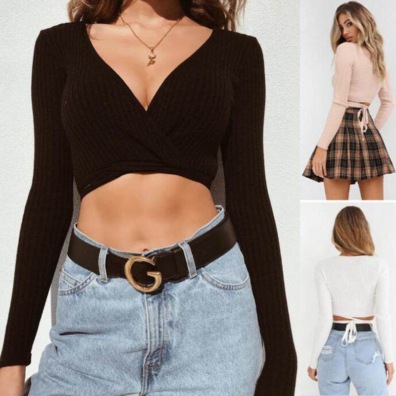 Sexy Women Ladies Summer Slim Crop Tops Long Sleeve T Shirt Casual Solid V Neck Knitted Short Tops - www.Shopthatapp.com