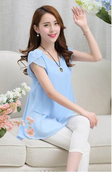 New Spring Summer Women Chiffon Loose Blouse  top O-Neck Short sleeve Plus size - www.Shopthatapp.com