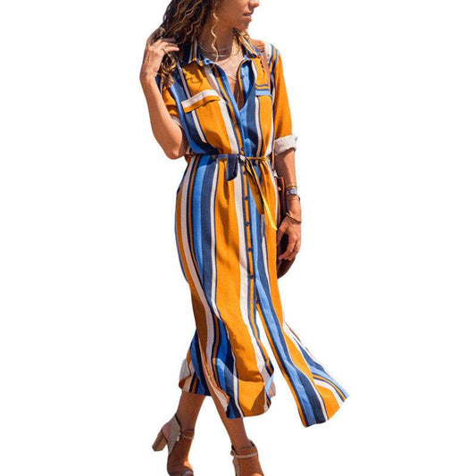 Stripe Shirt Women's Dress Spring Summer Chiffon V-neck Sexy Maxi Dresses Sexy Elegant Casual Girl Lace Women Long Sleeve - www.Shopthatapp.com