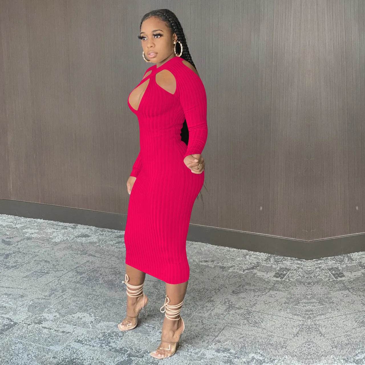 Chic V-neck Long Sleeve  Midi  Party Club Bodycon Pencil Dress - www.Shopthatapp.com