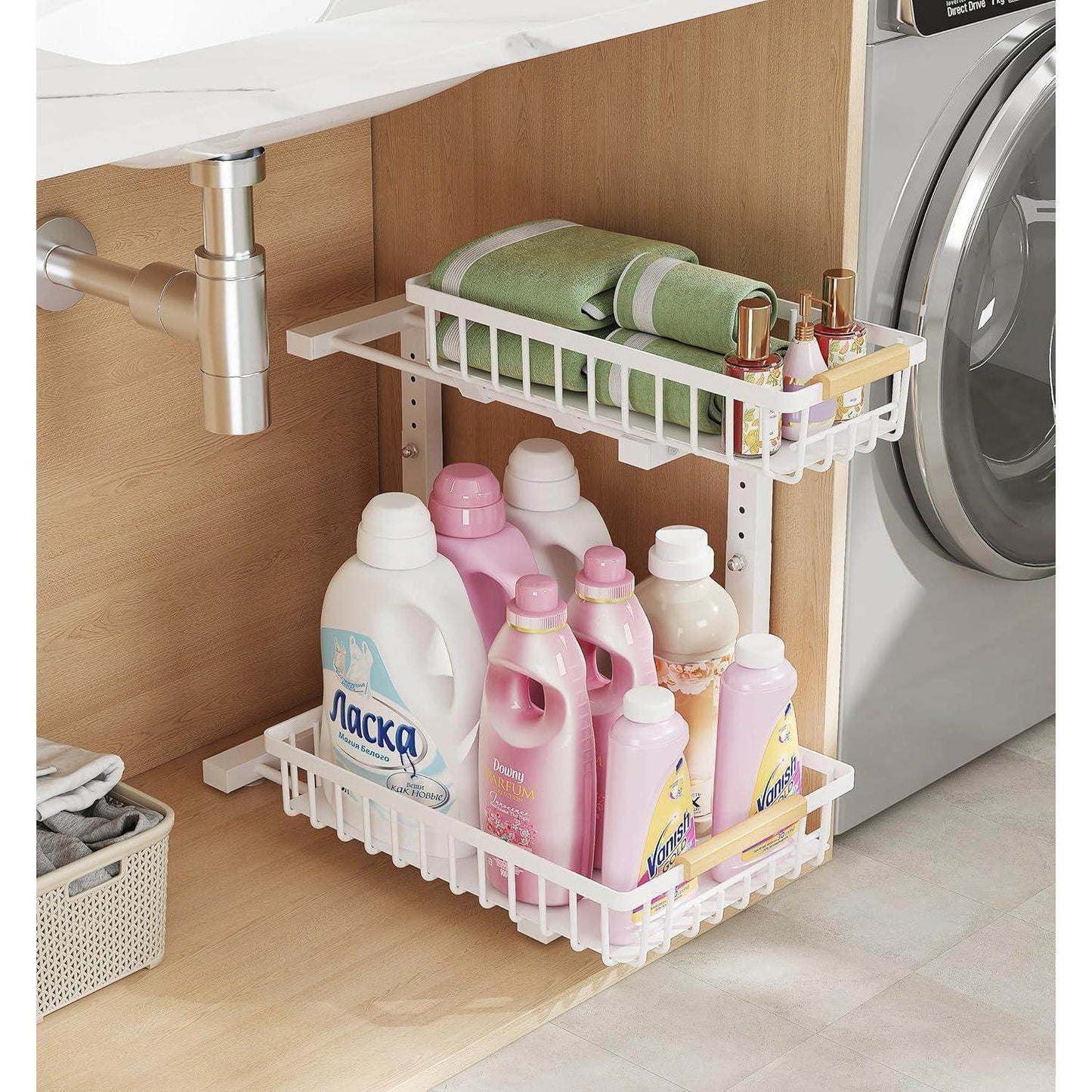 Metal Adjustable Height Two-Tier Drawer Kitchen Bathroom Under Sink Storage Rack - www.Shopthatapp.com
