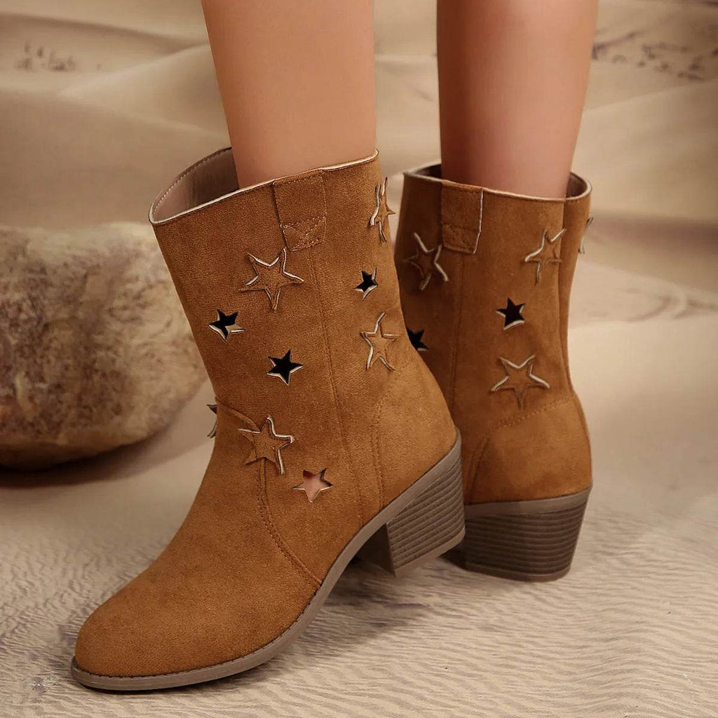 Fashion Mid-calf Boots With Hollow-stars Design Retro Pointed-toe Square Heel Western Boots For Women Fall And Winter Shoes - www.Shopthatapp.com