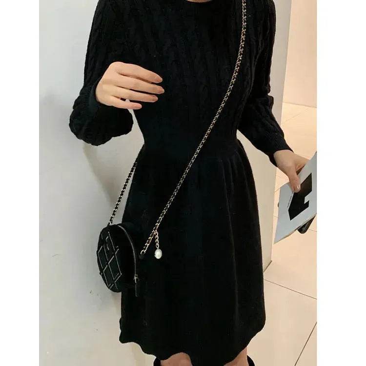 Autumn Winter Knitted Slim Fit Round neck Mini Flared Sweater dress - www.Shopthatapp.com
