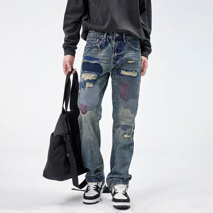 American Style Loose Broken Patch Straight Retro Denim Jeans pant Trousers Men - www.Shopthatapp.com