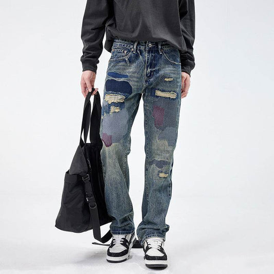 American Style Loose Broken Patch Straight Retro Denim Jeans pant Trousers Men - www.Shopthatapp.com