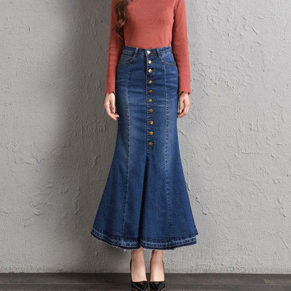 New Fashion Fitted Button up Mermaid Midi Denim Skirt - www.Shopthatapp.com
