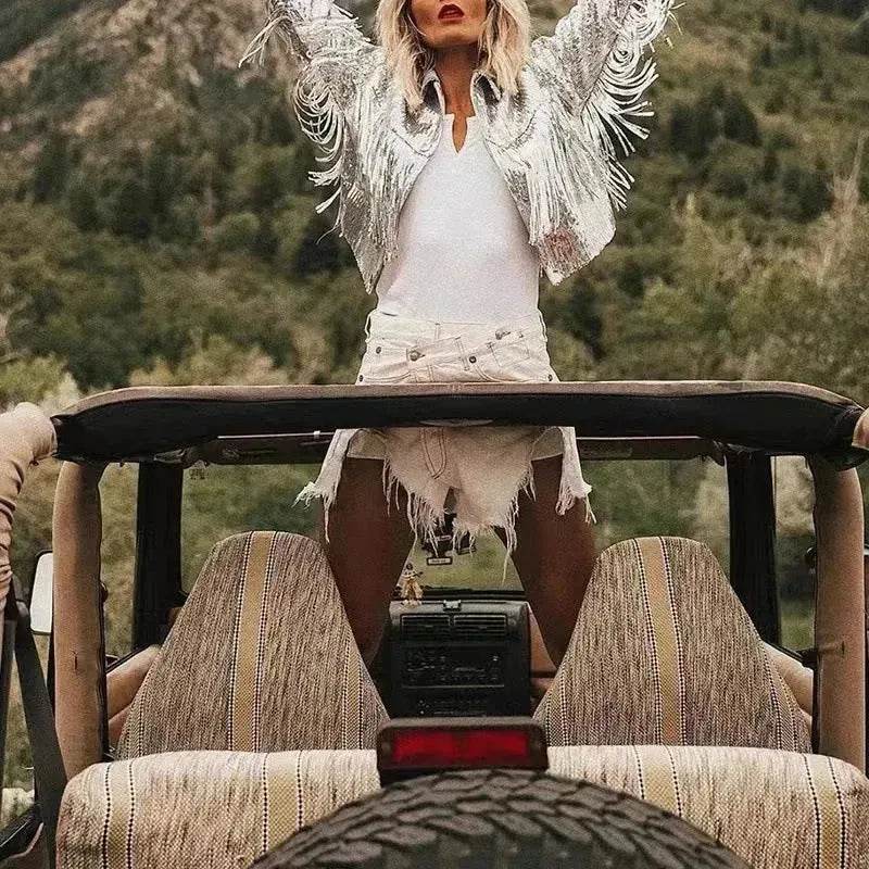 Women Fashion Long sleeve Tassel Sequin top jacket Y2K cropped jacket - www.Shopthatapp.com