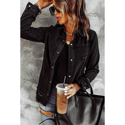 Long Sleeve Jeans Jacket Loose Fit Mid-Length Black - www.Shopthatapp.com