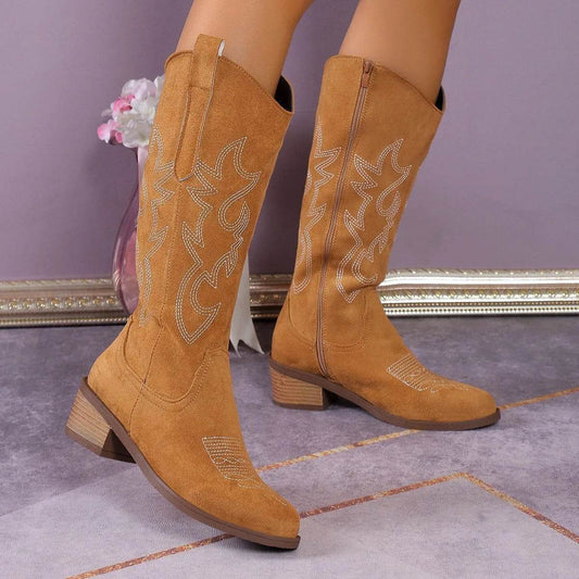 Women's Retro Pointed Toe Chunky Heel Solid Color Side Zipper Mid-calf Cowboy Boot - www.Shopthatapp.com