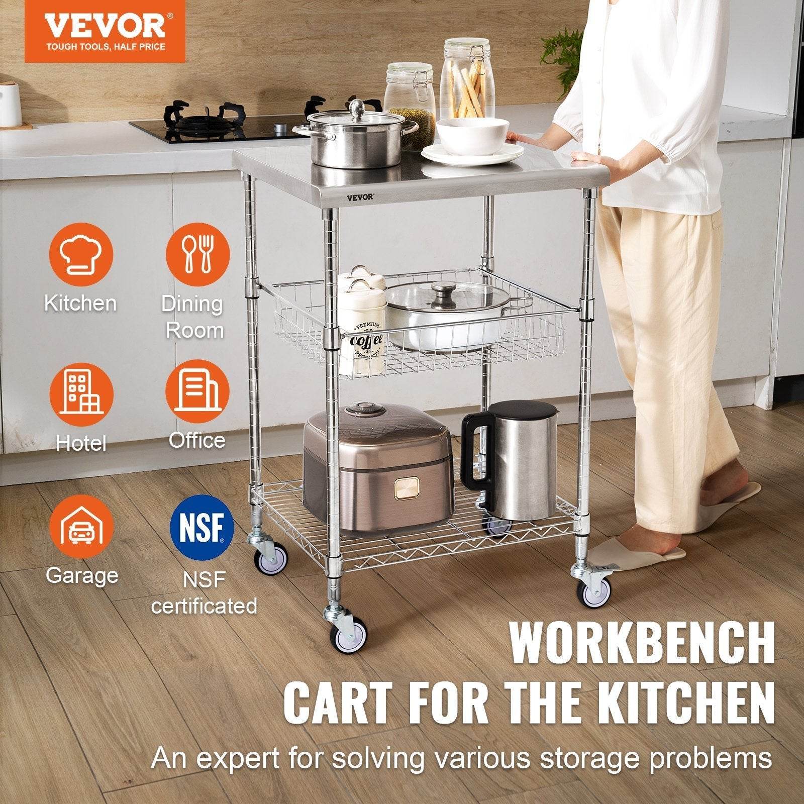 VEVOR 3-Tier Workbench Utility Cart for Kitchen Office - www.Shopthatapp.com