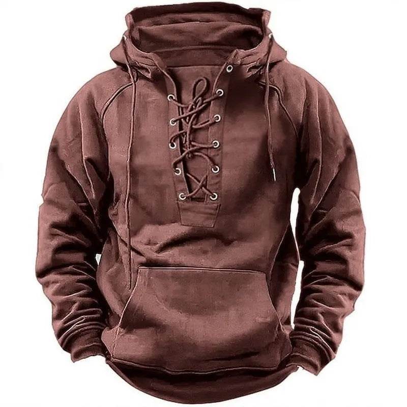 Men's Outdoor Retro Lace-up Hooded Long-sleeved T-shirt Casual Pullover top sweatshirt - www.Shopthatapp.com