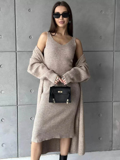 Women 2pcs Winter outfit set  Long dress Cashmere Long Cardigan Jacket - www.Shopthatapp.com