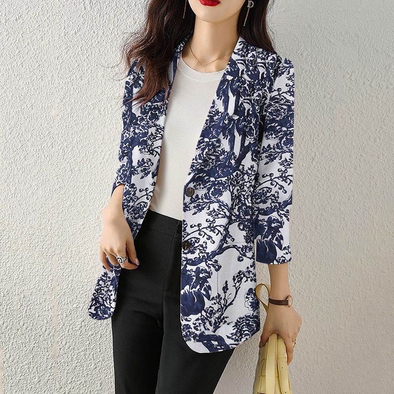 Women's Button Printed Long-sleeved Pocket Vintage Cotton And Linen jacket Blazer - www.Shopthatapp.com