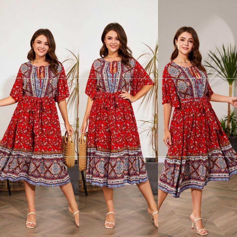 Modest Plus Size Summer dress V Neck Midi Beach boho Dress - www.Shopthatapp.com