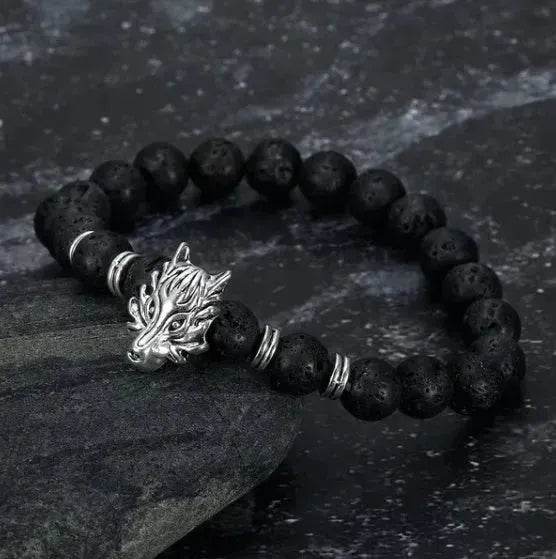 Asgard Crafted Grey Wolf Head And Lava Stone Bracelet - www.Shopthatapp.com