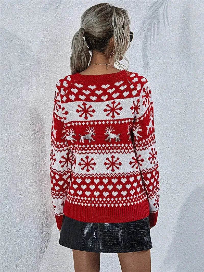 Elk Autumn And Winter New Knitted Round Neck Women's Christmas Snowflake Pullover Women's Sweater - www.Shopthatapp.com
