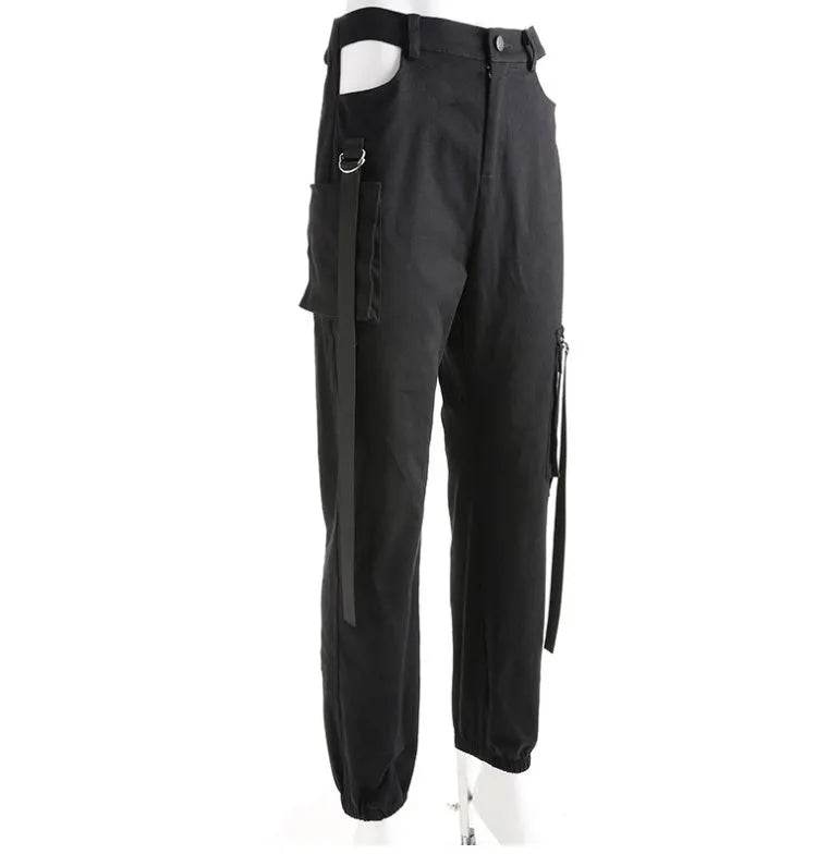 Women Black High Waist Pencil Pants Pockets Patckwork Hollow Out Pants Fashion Women Streetwear Cargo Pants Women Pants - www.Shopthatapp.com