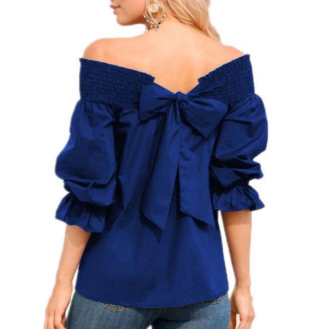Spring Summer Women Off Shoulder Strapless Blouse top Bowknot Slash Neck Casual Loose Plus Size top - www.Shopthatapp.com