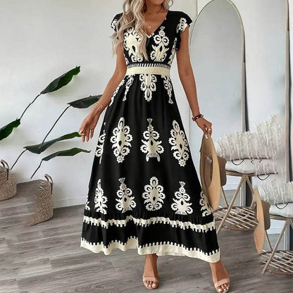 Women's Summer Flowy Maxi Dress Casual Cap Sleeve V Neck Smocked Waist Beach Sundress - www.Shopthatapp.com