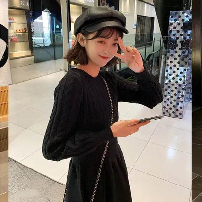 Autumn Winter Knitted Slim Fit Round neck Mini Flared Sweater dress - www.Shopthatapp.com