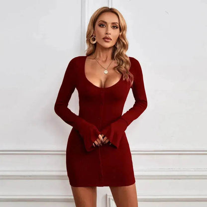 Chic Ladies Bodycon U-neck Long-sleeved Dress Charming Slim Hip-hugging Short Mini  Dresses  for Women - www.Shopthatapp.com