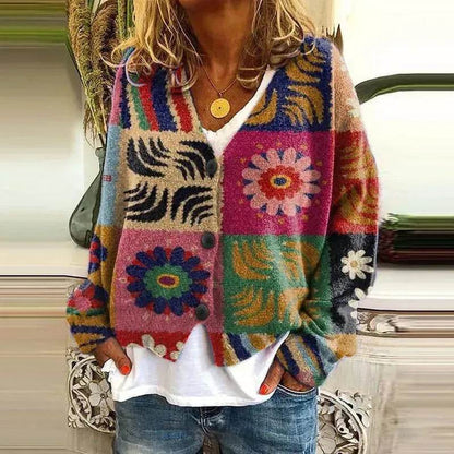 New Christmas Abstract Flowers Printing Sweater Fashion Casual Short Cardigan Coat Womens Clothing - www.Shopthatapp.com