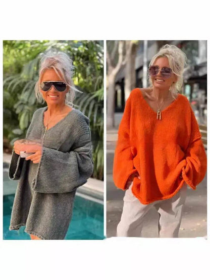 Women's Fashion V-neck Long-sleeve Knitwear 2-color Sweater dress - www.Shopthatapp.com