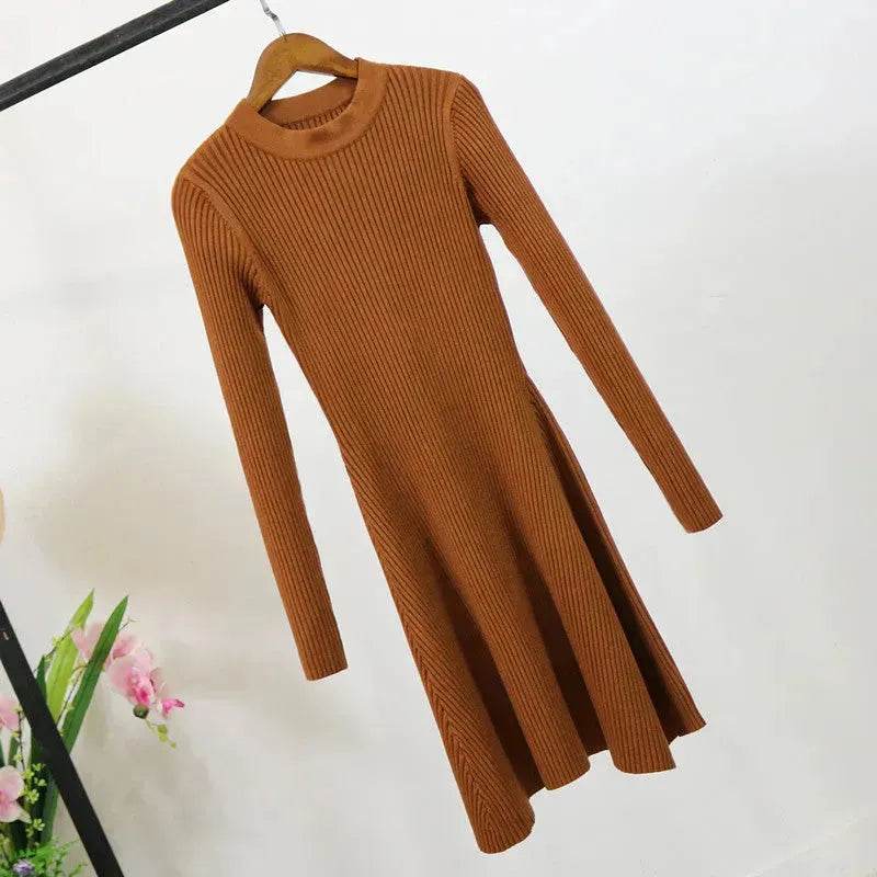 Autumn Winter Round neck Slim fit Mini Flared Sweater Dress - www.Shopthatapp.com