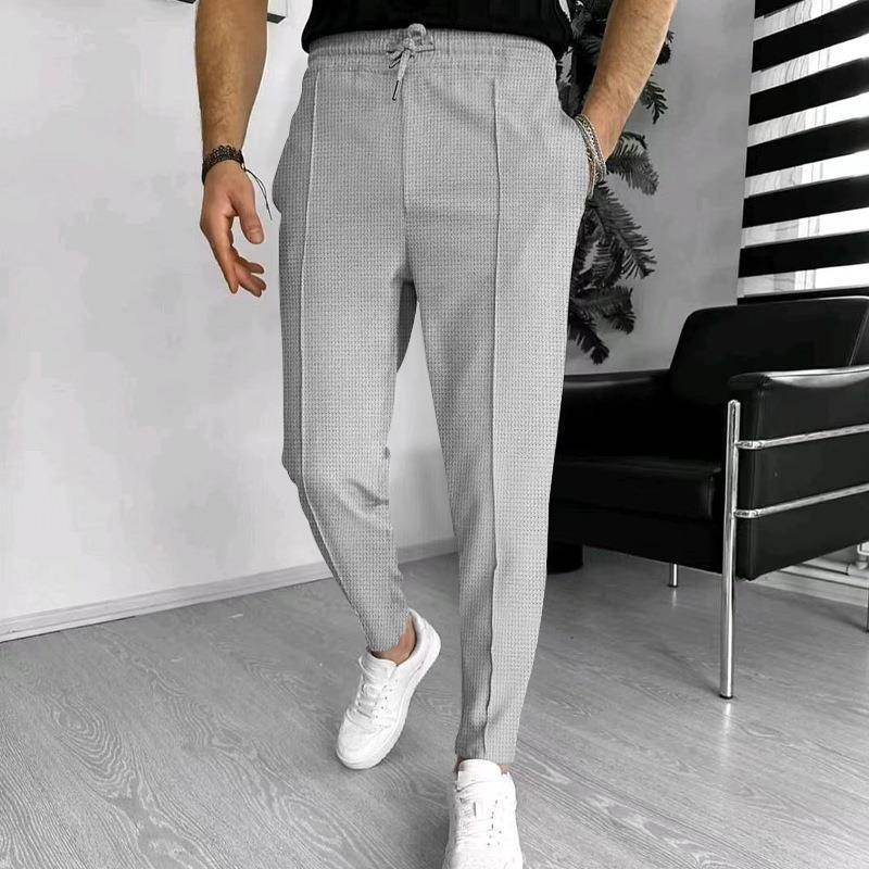 Men's Casual Fashion Waffle High Waist Drawstring Elastic fitted straight leg Pant