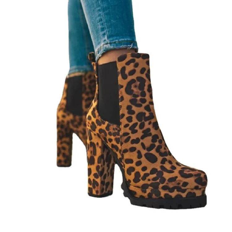 Round-toe Ankle Boots Solid Leopard Print Thick Square High Heel Shoes Ladies Casual Fashion Autumn Winter Suede Dress Party Boots - www.Shopthatapp.com