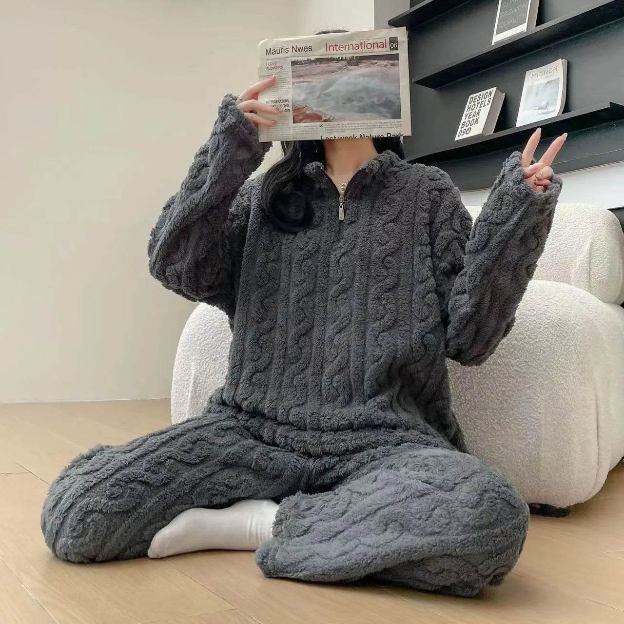 Autumn And Winter New Twist Zipper Couple Fleece-lined Thick Coral Fleece Pajamas Homewear Loungewear Sleepwear For Sleeping - www.Shopthatapp.com