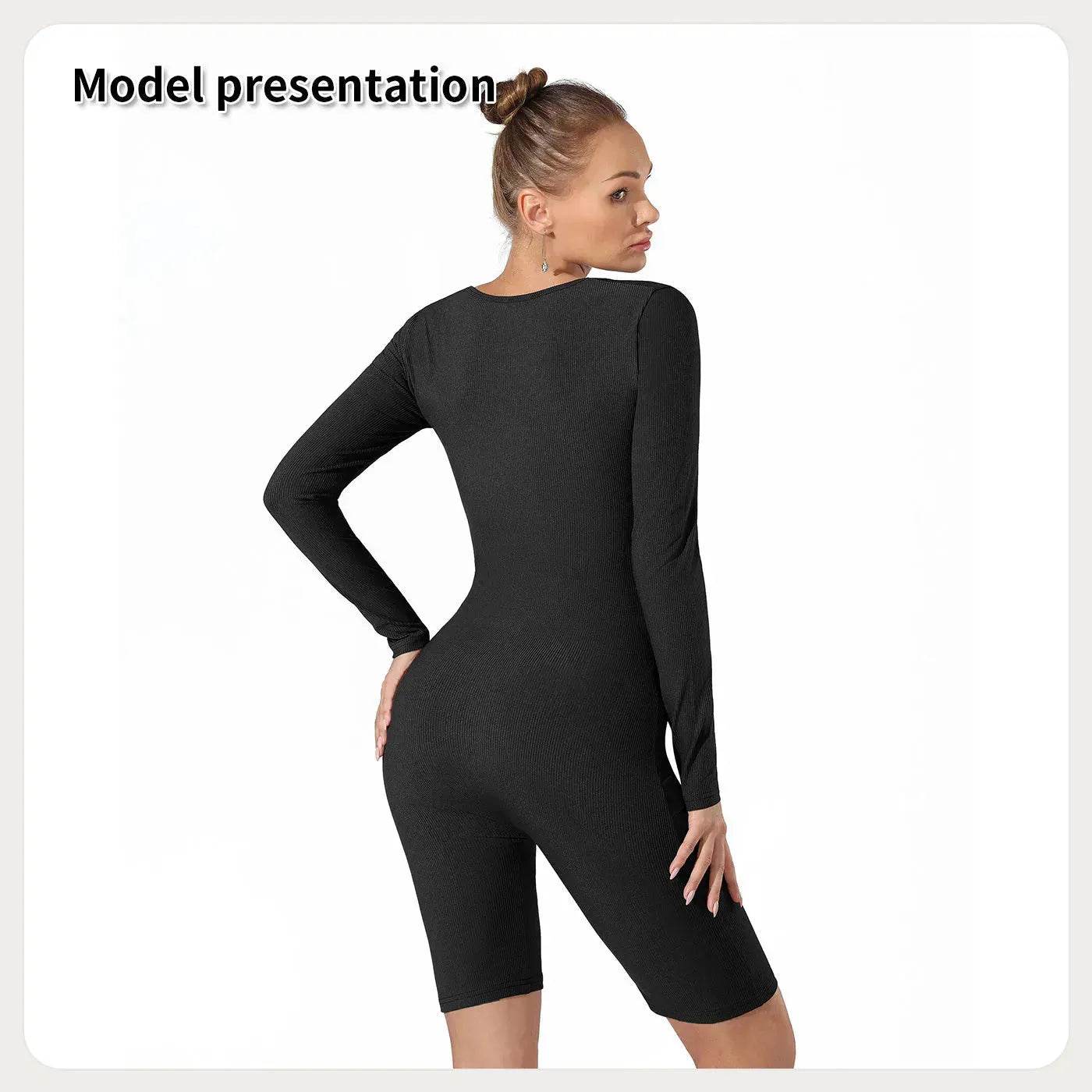 Women's Fashion Plain Long Sleeve Slim short Bodysuit Jumpsuit - www.Shopthatapp.com