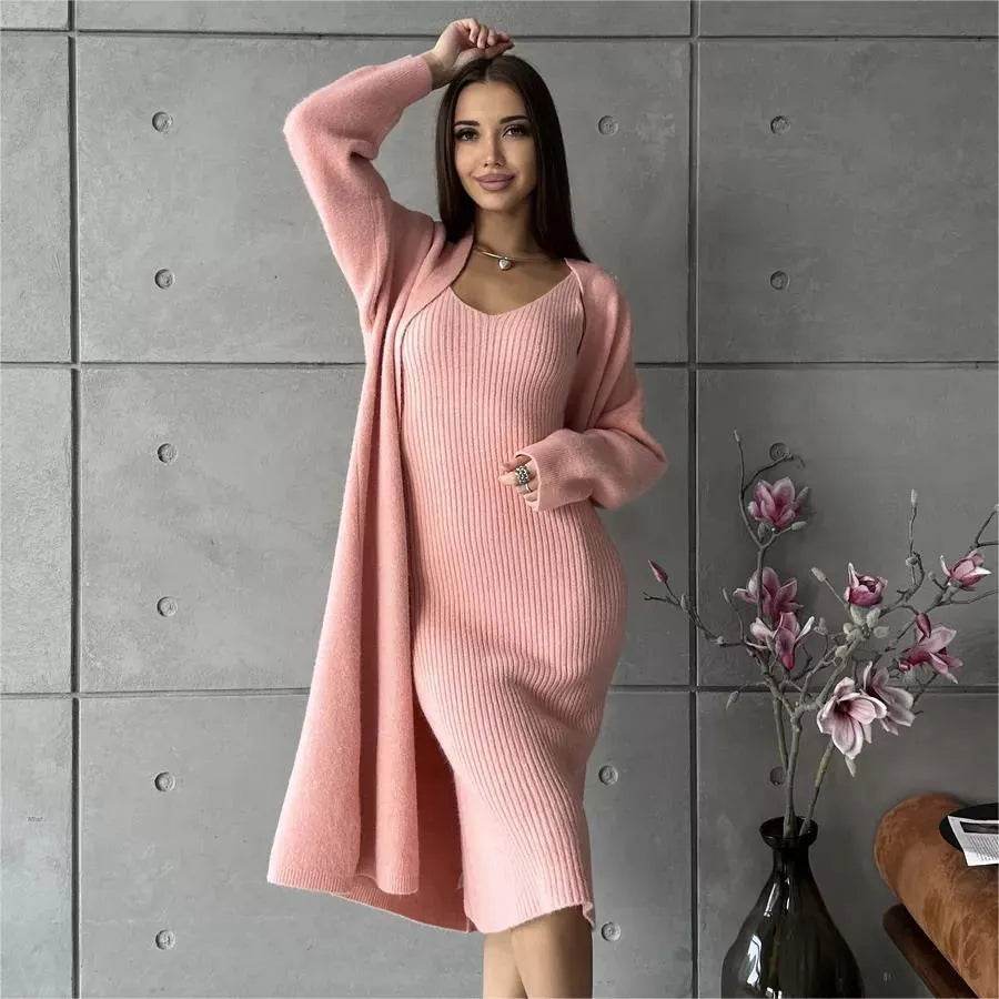 Women 2pcs Winter outfit set  Long dress Cashmere Long Cardigan Jacket - www.Shopthatapp.com