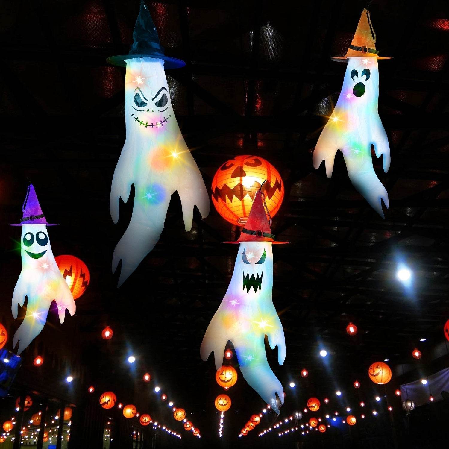 4Pcs Per Set Halloween Ghosts With Witch Hats Windsocks Hanging Decoration With Colorful LED Light Outdoor Flag Wind Socks Halloween Party Decoration For Yard Garden Tree - www.Shopthatapp.com