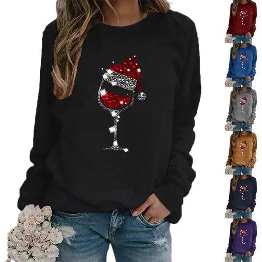 Clothing Christmas Women's Sweater Christmas Hat Red Wine Glass Graphic Print Crew Neck Long-sleeved Sweater - www.Shopthatapp.com