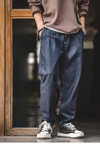 Vintage Denim Washed Elastic Waist Loose Jeans Cityboy Wide Leg Tapered Pants Men - www.Shopthatapp.com