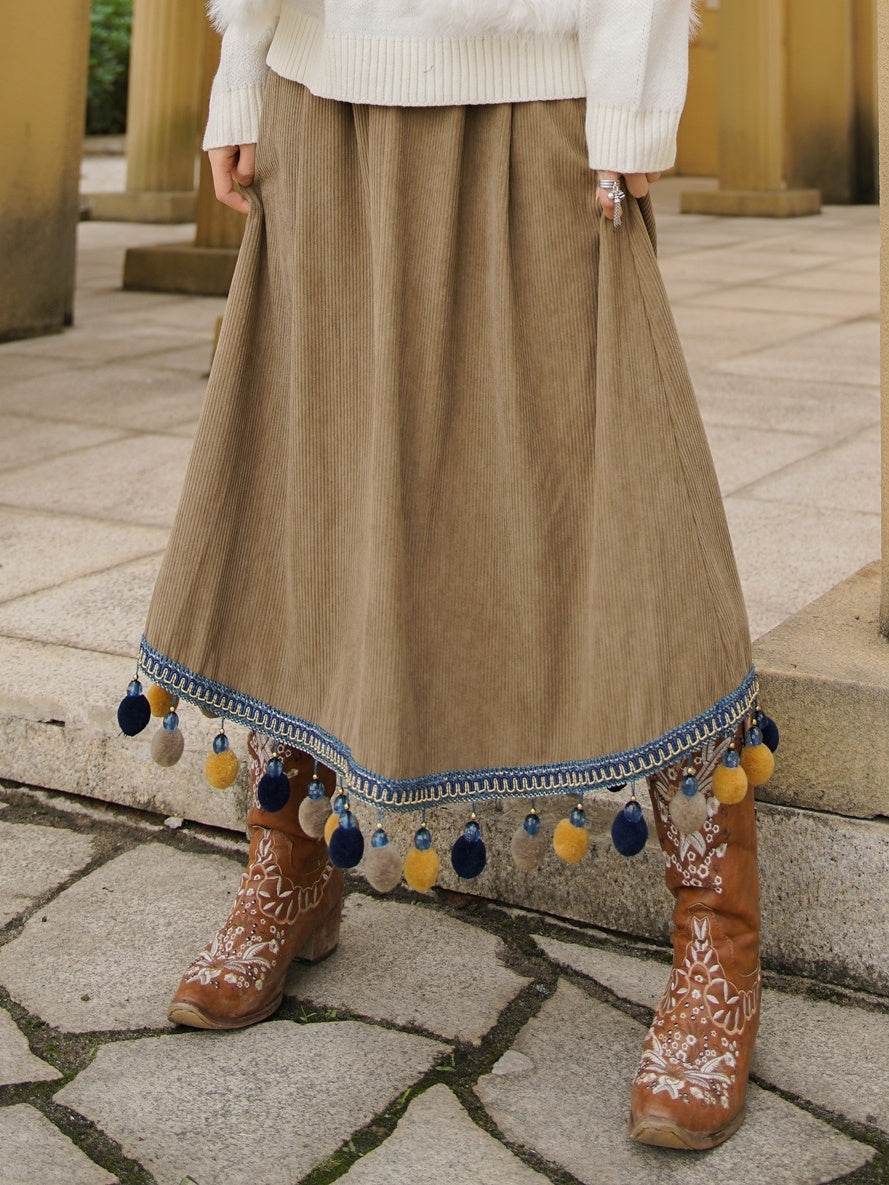 Corduroy Ethnic Style Fur Ball Stitching Brown High Waist Tassel Versatile Maxi Skirt - www.Shopthatapp.com