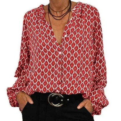 Women's blouse V-neck Long Sleeve Stylish Button down Blouse shirt - www.Shopthatapp.com