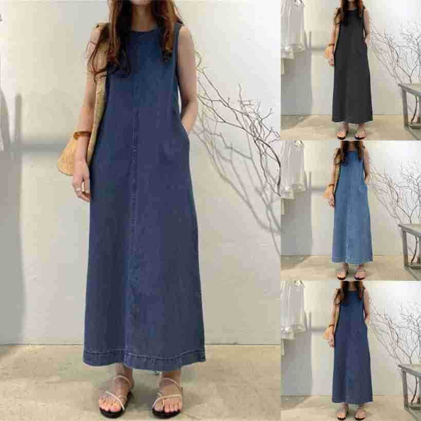 Women's Fashion Sleeveless Mum loose Long Denim Dress - www.Shopthatapp.com