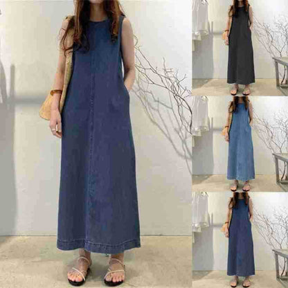 Women's Fashion Sleeveless Mum loose Long Denim Dress - www.Shopthatapp.com
