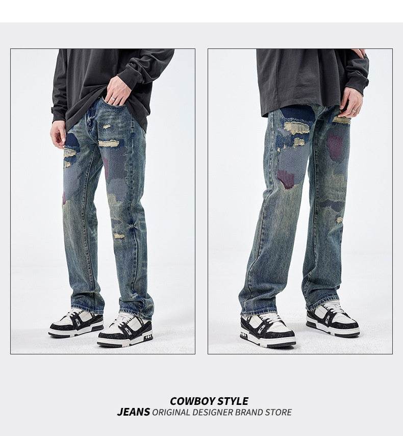 American Style Loose Broken Patch Straight Retro Denim Jeans pant Trousers Men - www.Shopthatapp.com