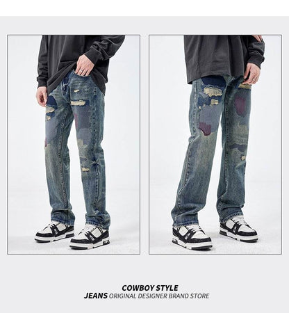 American Style Loose Broken Patch Straight Retro Denim Jeans pant Trousers Men - www.Shopthatapp.com