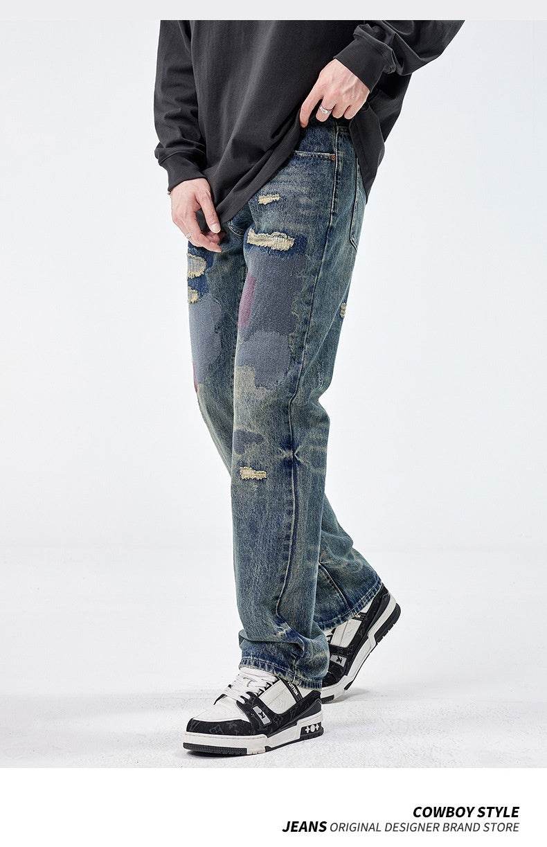 American Style Loose Broken Patch Straight Retro Denim Jeans pant Trousers Men - www.Shopthatapp.com