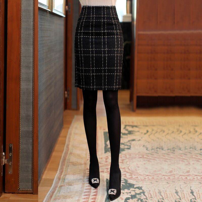 High Waist Black Plaid Sheath A- Line Slimming Woolen Mini Sheath Skirt - www.Shopthatapp.com