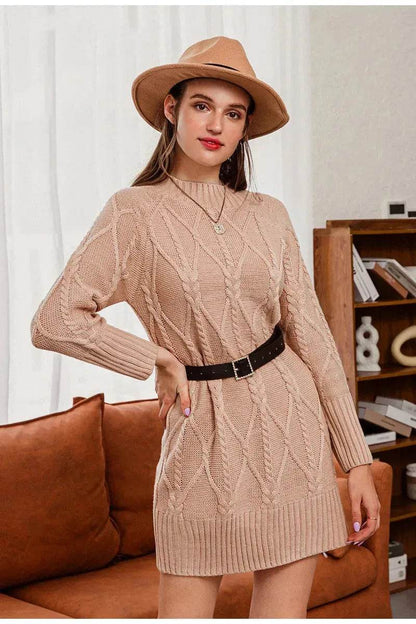 Autumn Winter Round Neck Mini Knitted Wool Sweater Dress - www.Shopthatapp.com