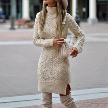 Autumn Winter Mini Slim fit Twist thick knitted Turtleneck sweater dress - www.Shopthatapp.com