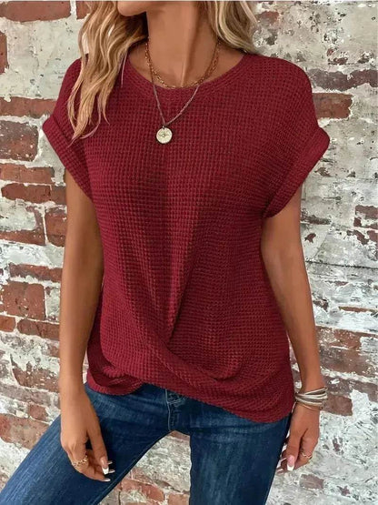 Casual Summer Short-sleeved Waffle blouse Top Summer New Solid Color Casual Evening Top For Women - www.Shopthatapp.com